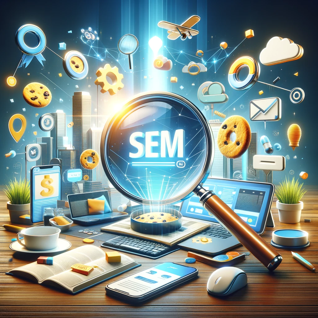 A visually appealing and professional digital marketing themed image for a blog. The image should showcase elements of SEM (Search Engine Marketing) and Remarketing. Include symbols like a magnifying glass, search bar, digital ads, and cookies to symbolize tracking and personalization. The background should be modern and vibrant, reflecting the dynamic nature of digital marketing. The overall look should be sophisticated and engaging, suitable for a business blog about digital marketing trends and strategies.