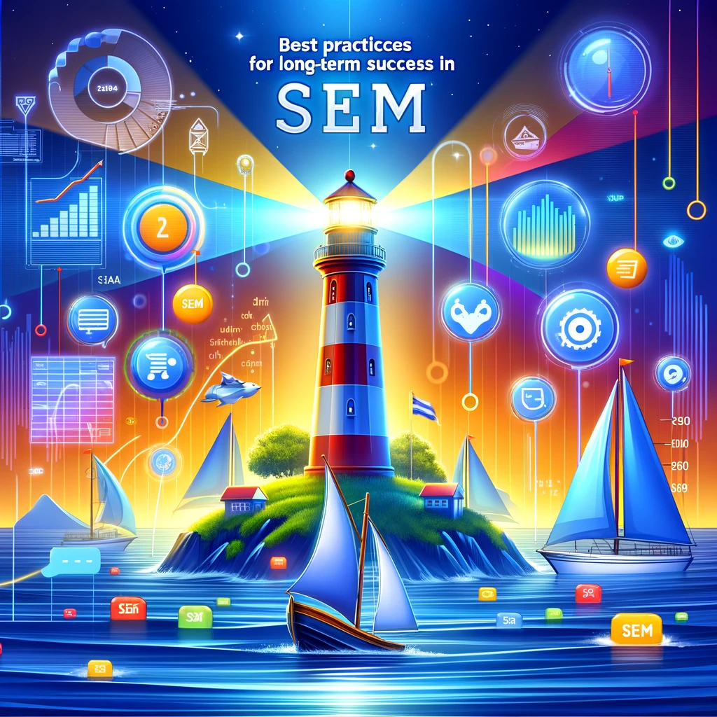 An engaging and professional digital marketing blog cover image. The image should feature a lighthouse shining a light on a ship, symbolizing Search Engine Marketing (SEM) guiding businesses. Include digital elements like graphs, search bars, and keywords floating around the scene, representing SEM components. The color scheme should be vibrant and eye-catching, with a blend of technology and nautical themes. The title of the blog, 'Best Practices for Long-Term Success in SEM', should be prominently displayed at the top in a clear, modern font. The overall feel should be inviting, innovative, and informative, appealing to beginners in digital marketing.