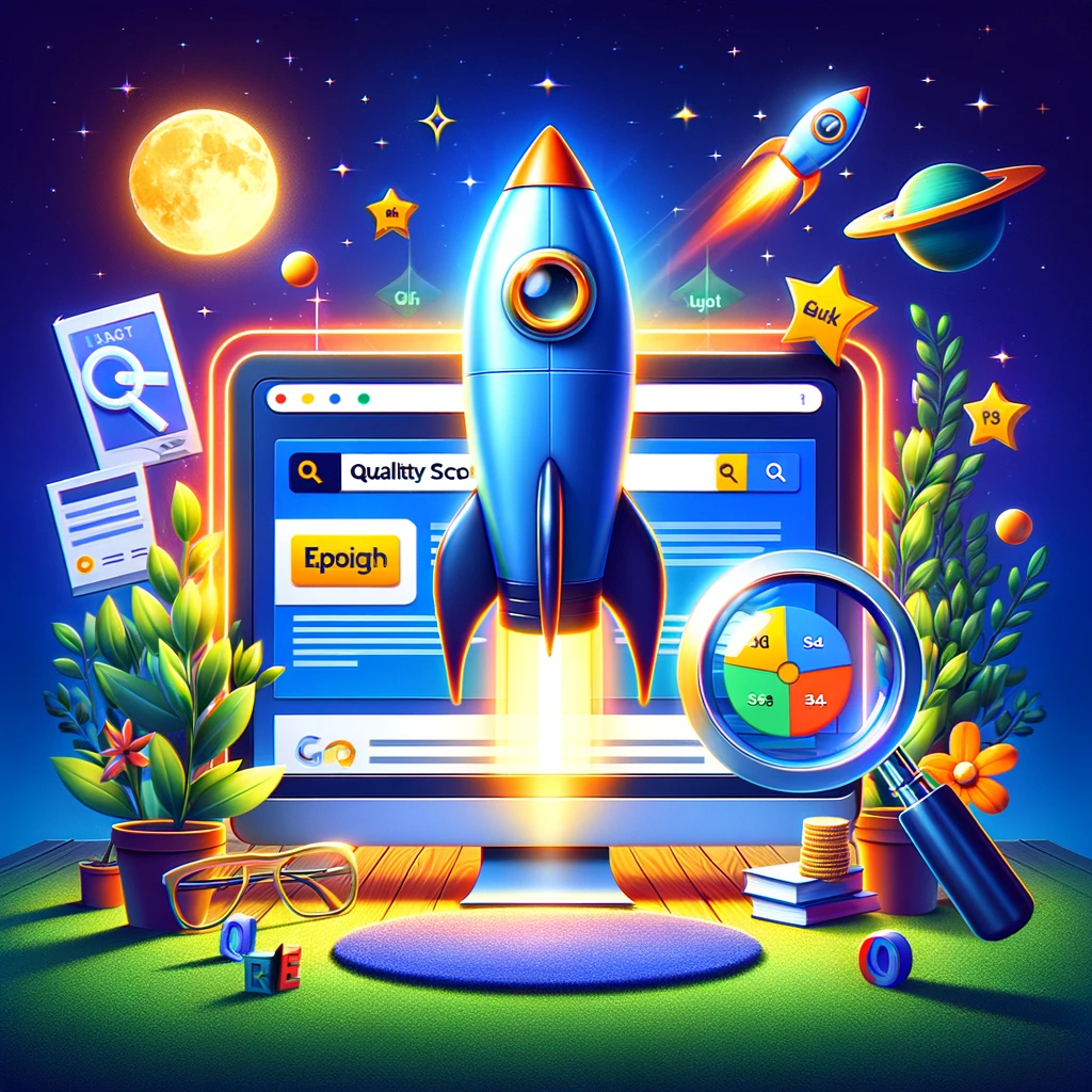 An engaging and visually appealing digital marketing blog header image. The image should feature a metaphorical representation of improving Quality Score in Google Ads, such as a rocket ascending (symbolizing growth and improvement), alongside elements like a magnifying glass over keywords, a bright and attractive ad, and a welcoming landing page on a computer screen. The background should be vibrant and dynamic, yet professional, to attract readers' attention and convey the theme of digital marketing success. The image should be informative, creative, and resonate with a theme of optimization and growth in the digital advertising space. Size: 1024x1024.