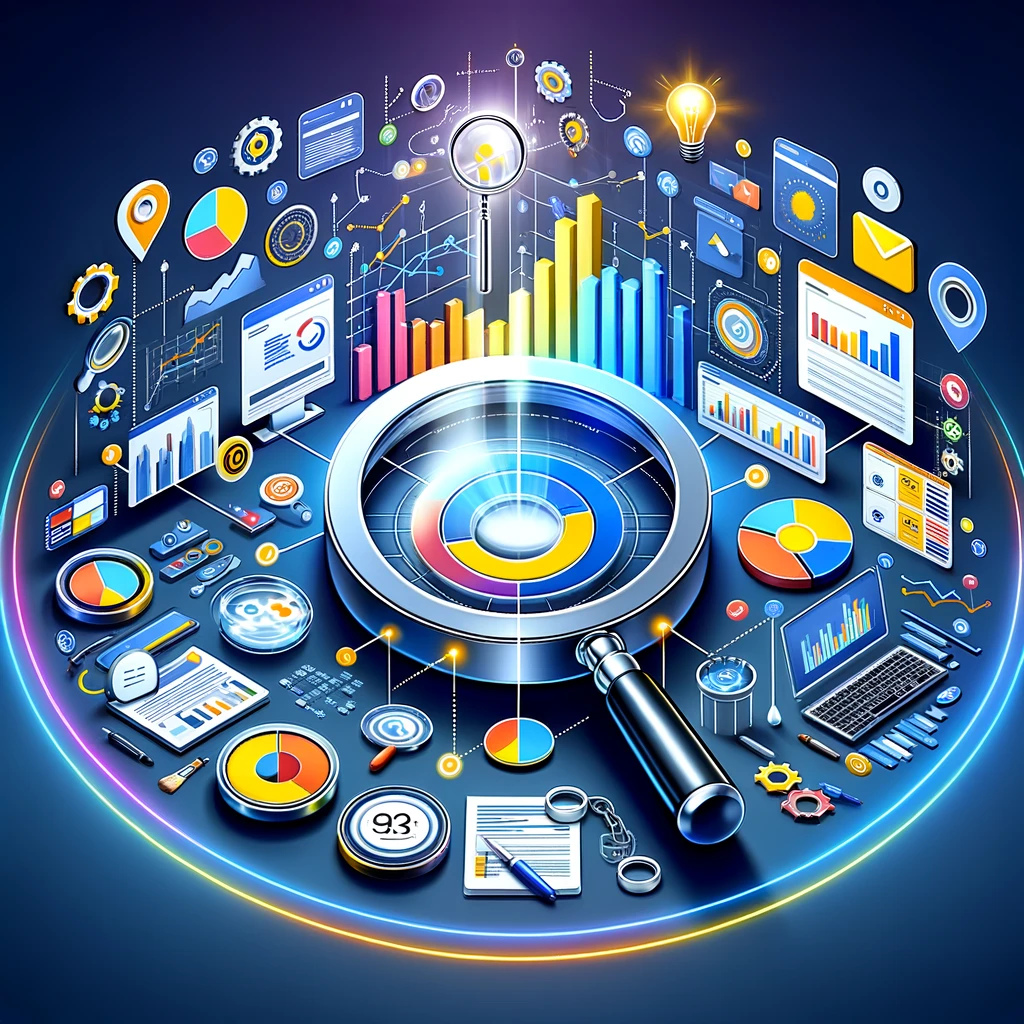 An engaging and visually appealing digital marketing themed image. The image should represent the concept of using data to refine and enhance Search Engine Marketing (SEM) campaigns. Visual elements can include graphs, data analytics, a magnifying glass symbolizing analysis, and digital marketing icons like search engine results and ads. The image should be professional and resonate with a digital marketing audience, conveying the idea of innovative and effective use of data in SEM. The color palette should be vibrant and modern, combining both technological and marketing aesthetics.