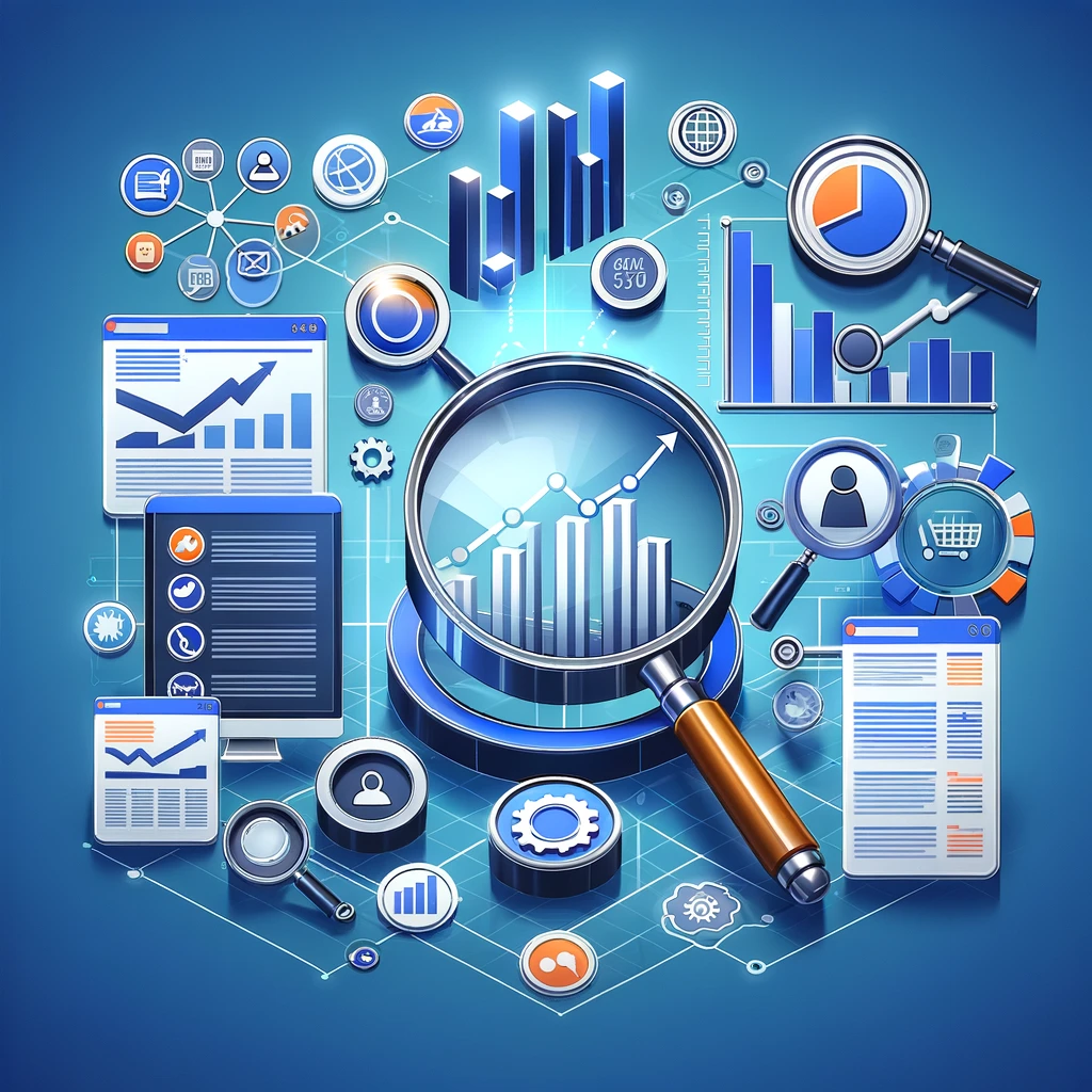 An image representing the concept of SEM (Search Engine Marketing) analytics. The image should include elements like graphs, magnifying glasses, search engine results pages, and digital marketing icons. The graphics should be modern and visually engaging, with a balance of bright colors and clarity, suited for a professional blog post. The style should be sleek and digital, reflecting the tech-savvy nature of the subject, without being overly complex or crowded, ensuring easy interpretation by viewers.