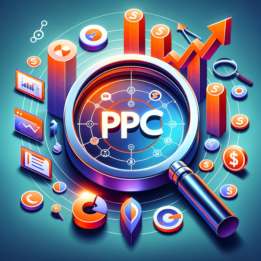 An image depicting the concept of optimizing PPC campaigns for maximum ROI. The image should include elements such as a magnifying glass focusing on the acronym 'PPC', a graph showing upward growth, and digital marketing icons like a click symbol and a dollar sign. The overall feel should be modern and professional, resonating with the digital marketing theme. The color scheme should be vibrant yet professional, suitable for a business-oriented blog about digital marketing strategies.