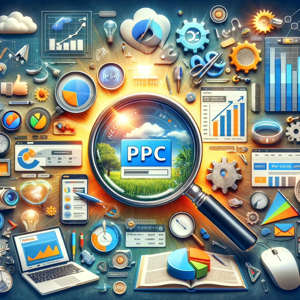 A creative and engaging digital collage representing the concept of Pay-Per-Click (PPC) advertising. The image should include visual elements like a magnifying glass over keywords, a mouse cursor clicking on an ad, a vibrant graph showing growth, and a laptop displaying a PPC dashboard. Include diverse and modern digital imagery that conveys innovation and effectiveness in digital marketing. The tone should be professional yet inviting, aligning with the concept of a blog about mastering PPC strategies. The image should appeal to both beginners and experienced marketers in the digital space.