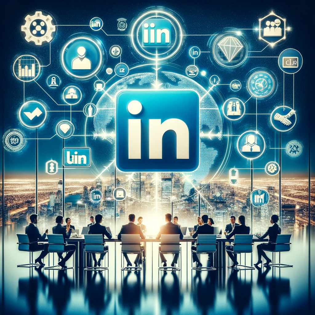 An engaging and visually appealing digital marketing themed image representing LinkedIn Ads for B2B Marketing. The image should capture elements of professional networking, with icons or imagery related to LinkedIn, such as the LinkedIn logo, professionals networking, and digital advertising graphics. Include subtle visual elements that signify growth, success, and digital connectivity in a professional setting. The style should be modern and professional, appealing to business audiences, with a color scheme that complements LinkedIn's branding colors of blue and white.