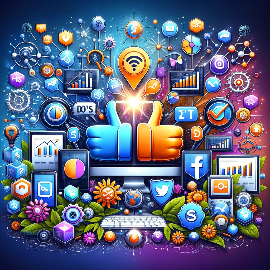 An engaging and vibrant digital marketing-themed image representing the blog's theme 'Do's and Don'ts of Digital Marketing in 2024'. The image should depict a balanced contrast between effective strategies and practices to avoid, symbolizing innovation, technology, and modern marketing tactics. Include symbolic representations like a computer screen displaying SEO graphs, social media icons, and a mobile device, along with a 'thumbs up' for do's and 'thumbs down' for don'ts, all in a professional yet visually appealing composition. The style should be contemporary and suitable for a professional blog, with a color scheme that is bright and inviting.