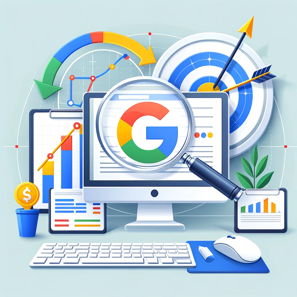 Create an image for a digital marketing blog titled 'Google Ads 101: A Starter Guide for Marketers'. The image should feature a modern, clean design with elements representing Google Ads, such as the Google logo, a magnifying glass, and a computer screen displaying charts and graphs. Include symbols of marketing success, like upward trending arrows or a target with a dart in the center, to convey the idea of achieving marketing goals. The overall feel should be professional, inviting, and relevant to digital marketing beginners.