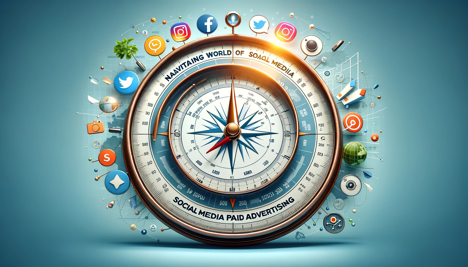 A visually engaging blog header image for a digital marketing blog titled 'Navigating the World of Social Media Paid Advertising'. The image should include a compass symbolizing navigation, various social media icons (like Facebook, Instagram, Twitter, and LinkedIn) to represent the platforms discussed in the blog, and digital elements like graphs or charts to indicate analytics and performance measurement. The overall design should be modern, professional, and align with the theme of digital marketing, with a color palette that is bright and engaging, yet still professional.