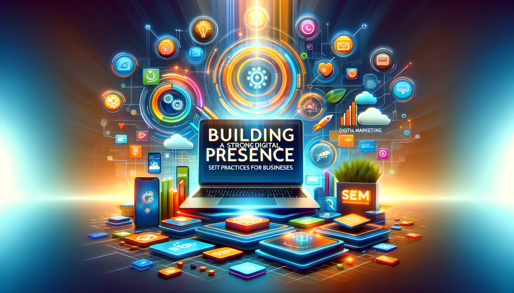 A visually appealing, professional blog header image for a digital marketing blog titled 'Building a Strong Digital Presence: Best Practices for Businesses'. The image should include a modern, digital-themed background with vibrant colors, symbolizing the dynamic and innovative world of digital marketing. Elements such as a laptop, smartphone, and social media icons can be incorporated to represent different aspects of digital marketing like SEM, SEO, and social media marketing. The text of the blog title should be prominently displayed in a clear, engaging font. The overall feel should be energetic, professional, and inviting, encouraging readers to engage with the content.