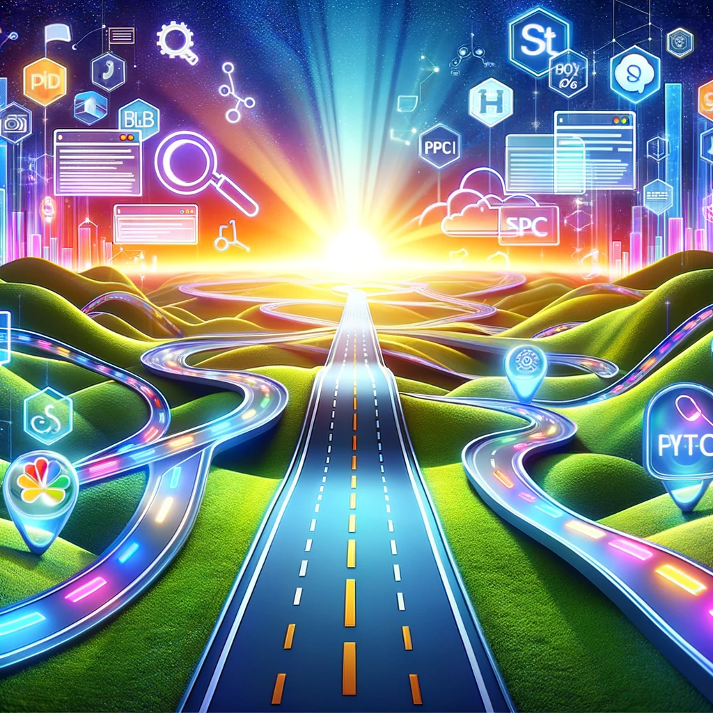 An image representing a roadmap through a digital landscape for a blog about understanding Search Engine Marketing (SEM). The road should be winding through a landscape filled with digital elements like search bars, keywords, and PPC ads, symbolizing different aspects of SEM. The road should lead towards a bright horizon, indicating growth and success. The scene should have a vibrant, tech-inspired color scheme, evoking a sense of innovation and opportunity in the digital marketing world. The image should be professional yet creative, appealing to beginners looking to learn about SEM.