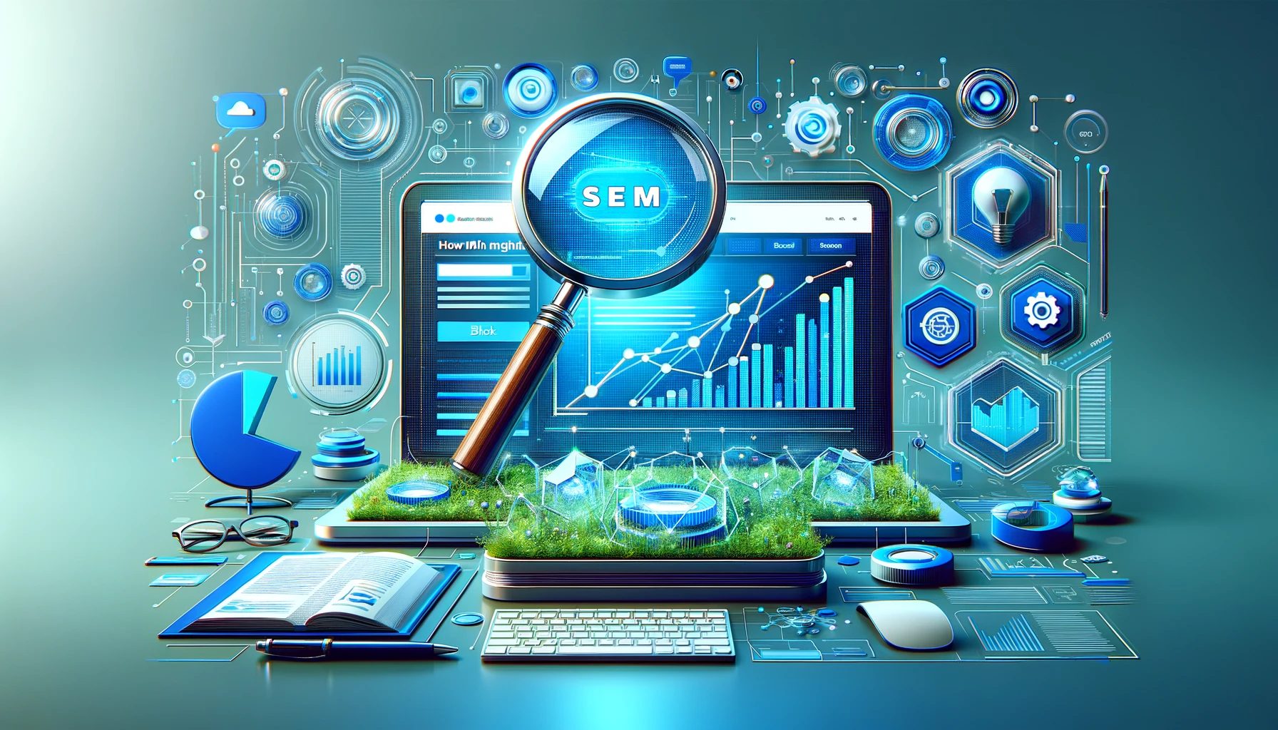 An engaging and professional blog header image for a digital marketing blog titled 'How SEM Fits into Your Overall Digital Marketing Strategy'. The image should feature a sleek, modern design with digital marketing elements like a magnifying glass over a webpage, a graph showing growth, and digital networks. The color scheme should be vibrant and professional, incorporating blues and greens to convey a sense of growth and digital innovation. The overall look should be clean, inviting, and reflective of a forward-thinking digital marketing approach.