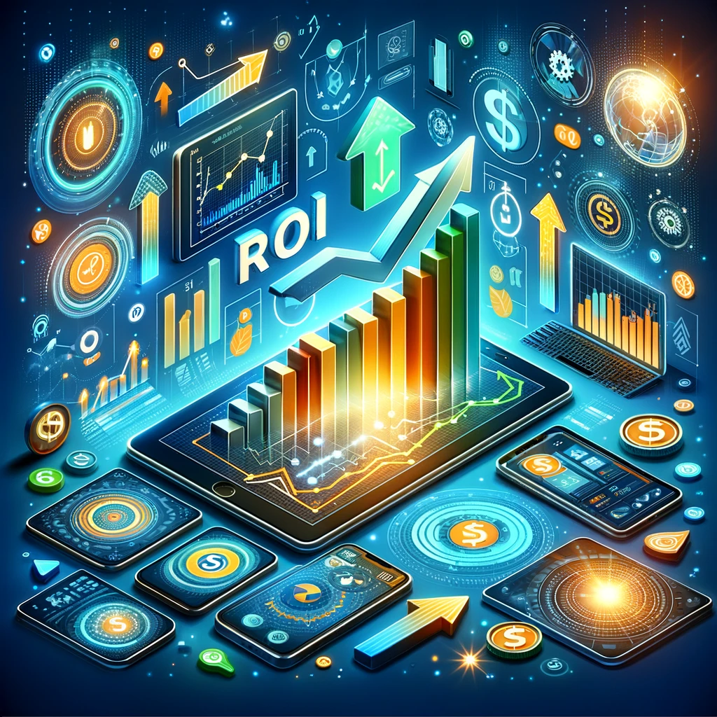 An engaging and visually appealing digital marketing themed image that captures the essence of maximizing ROI in digital marketing. The image should include elements such as upward trending graphs, digital devices displaying marketing analytics, and symbols representing growth and success, such as arrows pointing upwards and icons of dollar signs. The design should be modern and professional, with a color scheme that is vibrant yet sophisticated, incorporating shades of blue, green, and orange to represent trust, growth, and creativity. This image should appeal to business owners, marketers, and individuals interested in enhancing their digital marketing strategies to achieve better results.