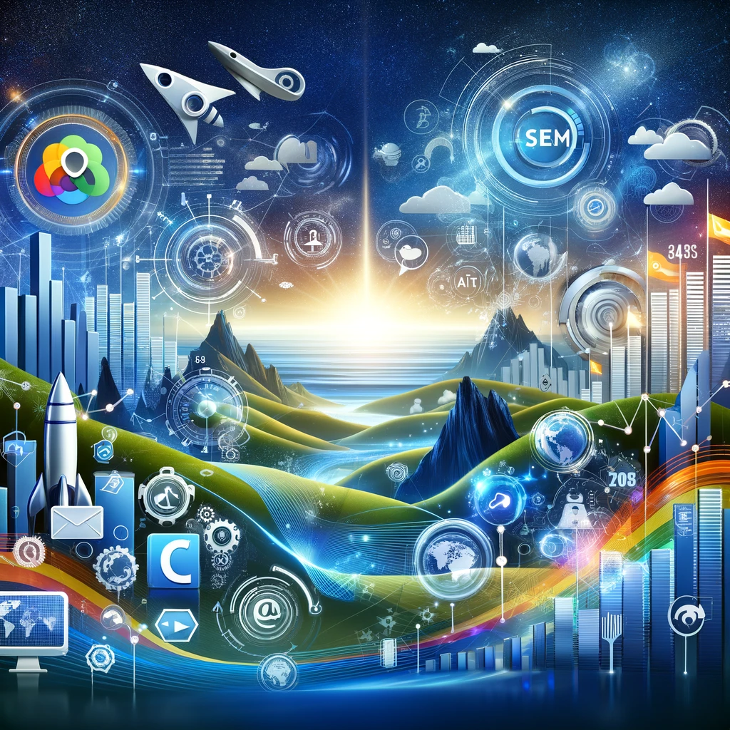 An engaging digital marketing themed image for a blog titled 'The Evolving Landscape of SEM: What's Next?'. The image should feature a landscape symbolizing the digital marketing world, with elements like search engine icons, digital ads, graphs showing growth, and futuristic elements like AI and voice recognition symbols. The atmosphere should be dynamic and forward-looking, embodying the idea of growth and innovation in the field of search engine marketing. The style should be modern and professional, appealing to a business audience. Size: 1024x1024.