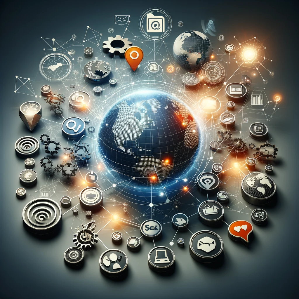 An engaging and professional digital marketing themed image showcasing various elements of digital marketing strategies. The image should feature symbols or icons representing key digital marketing components like Search Engine Optimization (SEO), Social Media Marketing, Email Marketing, Web Analytics, and Innovative Web Design. These elements should be artistically arranged around a central theme of global digital marketing success, perhaps with a globe or a network of connections symbolizing the worldwide reach of digital marketing. The style should be modern and sleek, appealing to a professional audience interested in learning about digital marketing strategies.