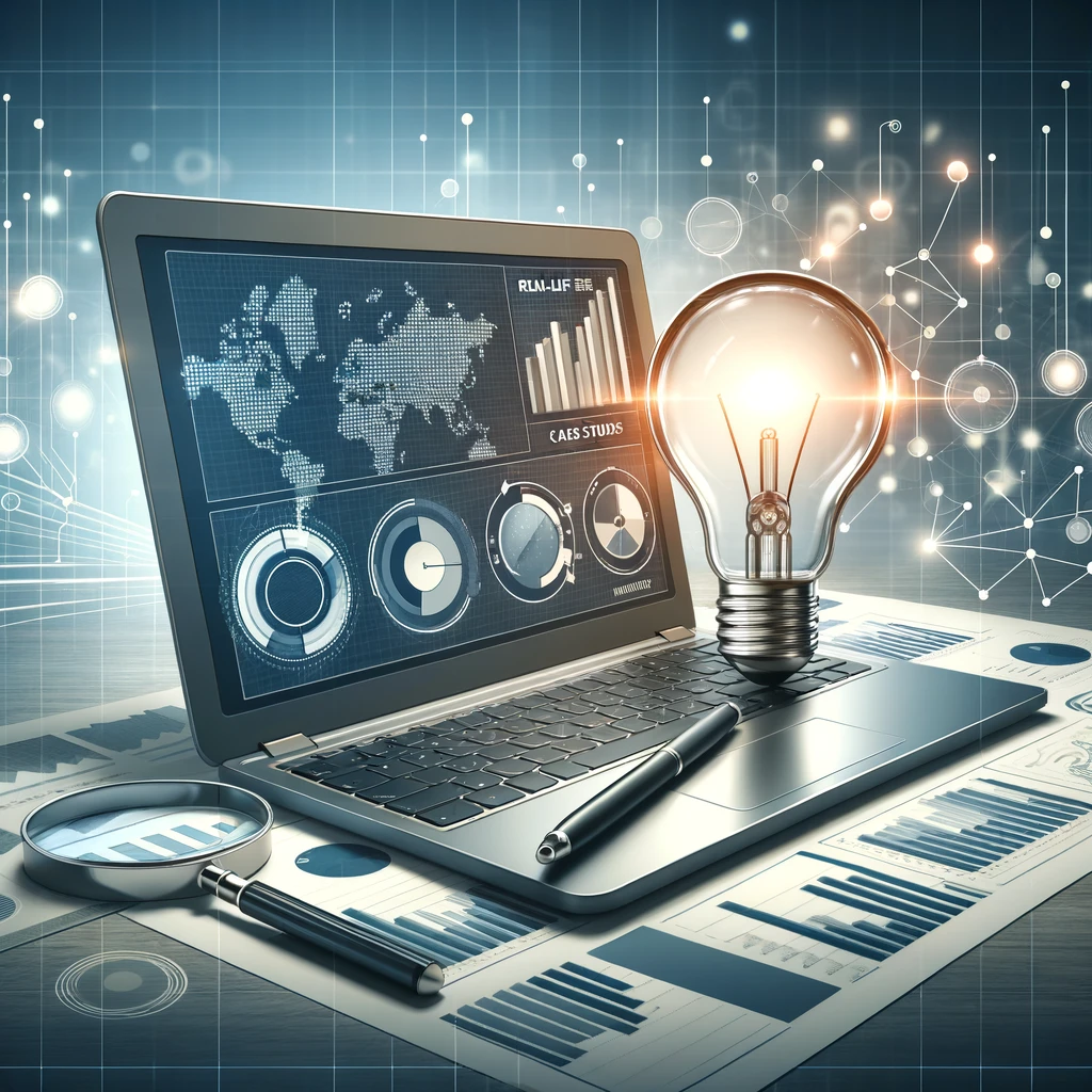 A visually engaging image for a digital marketing blog titled 'Real-Life Success: Case Studies of Effective Digital Marketing Campaigns'. The image should feature a modern and professional design, incorporating elements such as a laptop displaying graphs and analytics, a magnifying glass symbolizing case study analysis, and a lightbulb to represent innovative ideas. The background should be sleek and technology-oriented, possibly including digital networks or abstract digital patterns. The overall tone should be optimistic and forward-thinking, aligning with the theme of digital marketing success and innovation.