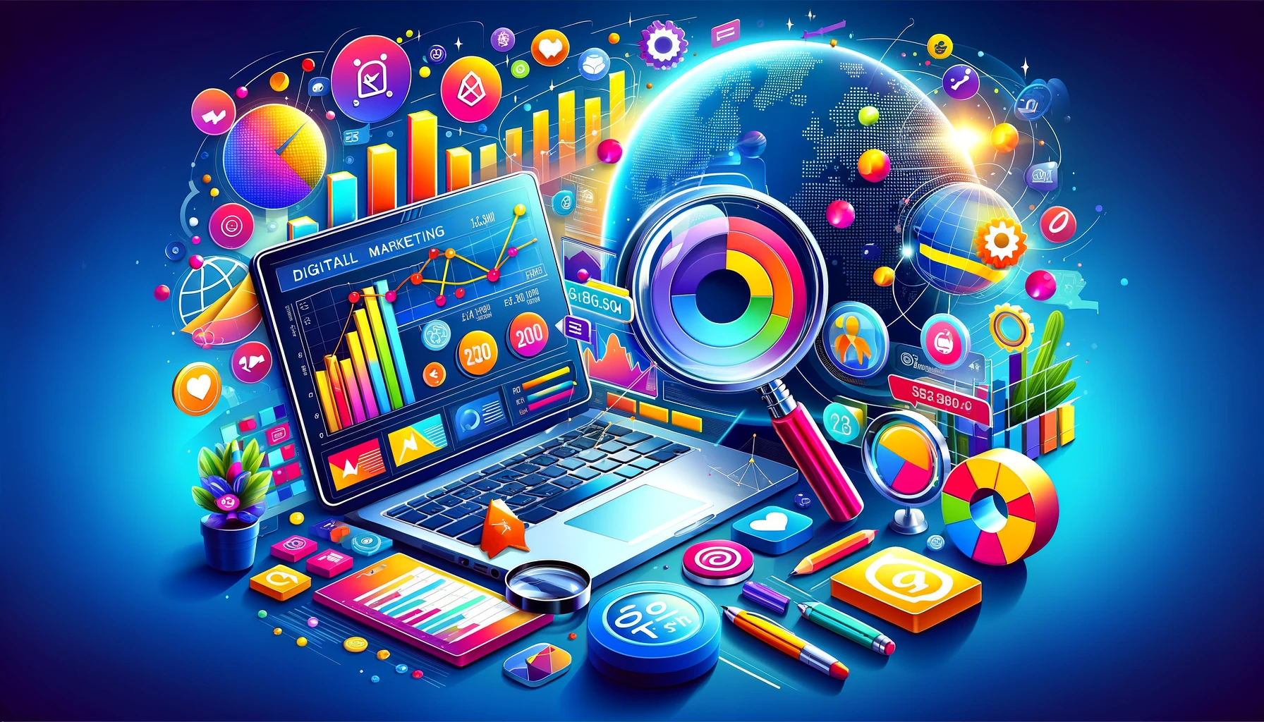 An engaging and colorful digital marketing-themed image, suitable for a blog header. The image should depict a diverse array of digital marketing elements like graphs, social media icons, a magnifying glass over metrics, and a laptop displaying analytics data. Include a digital globe to represent global reach and connectivity. The style should be modern and professional, yet approachable, with a mix of vibrant colors to attract attention. The image should convey the concept of measuring and analyzing digital marketing success, suitable for a blog titled 'Measuring Success: Key Metrics in Digital Marketing'.