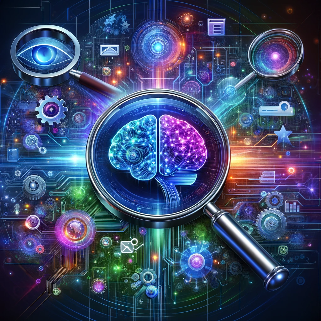 A visually engaging and modern digital artwork representing the integration of Artificial Intelligence (AI) and Search Engine Marketing (SEM). The image should feature futuristic elements like digital networks, AI brain or neural networks, and symbols of search marketing like magnifying glasses, search bars, and keywords. The colors should be vibrant and tech-oriented, with a blend of blues, greens, and purples, symbolizing innovation and digital technology. The composition should be dynamic and convey a sense of forward-thinking and cutting-edge technology merging with marketing strategies.