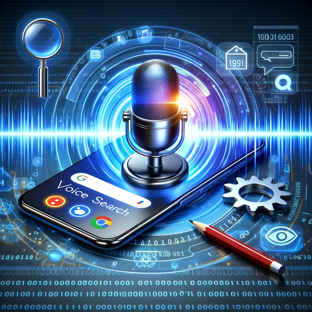 An engaging and modern digital marketing themed image representing Voice Search Optimization. The image should include a smartphone displaying a voice search interface with sound waves emanating from it, indicating a voice query. Include visual elements like a magnifying glass, gears, and a light bulb to symbolize search, technology, and innovation. The background should be sleek and professional, with digital motifs like binary code or abstract digital patterns, and a color scheme that's bright and inviting, yet professional. The overall look should be cutting-edge, symbolizing the future of digital marketing and technology.