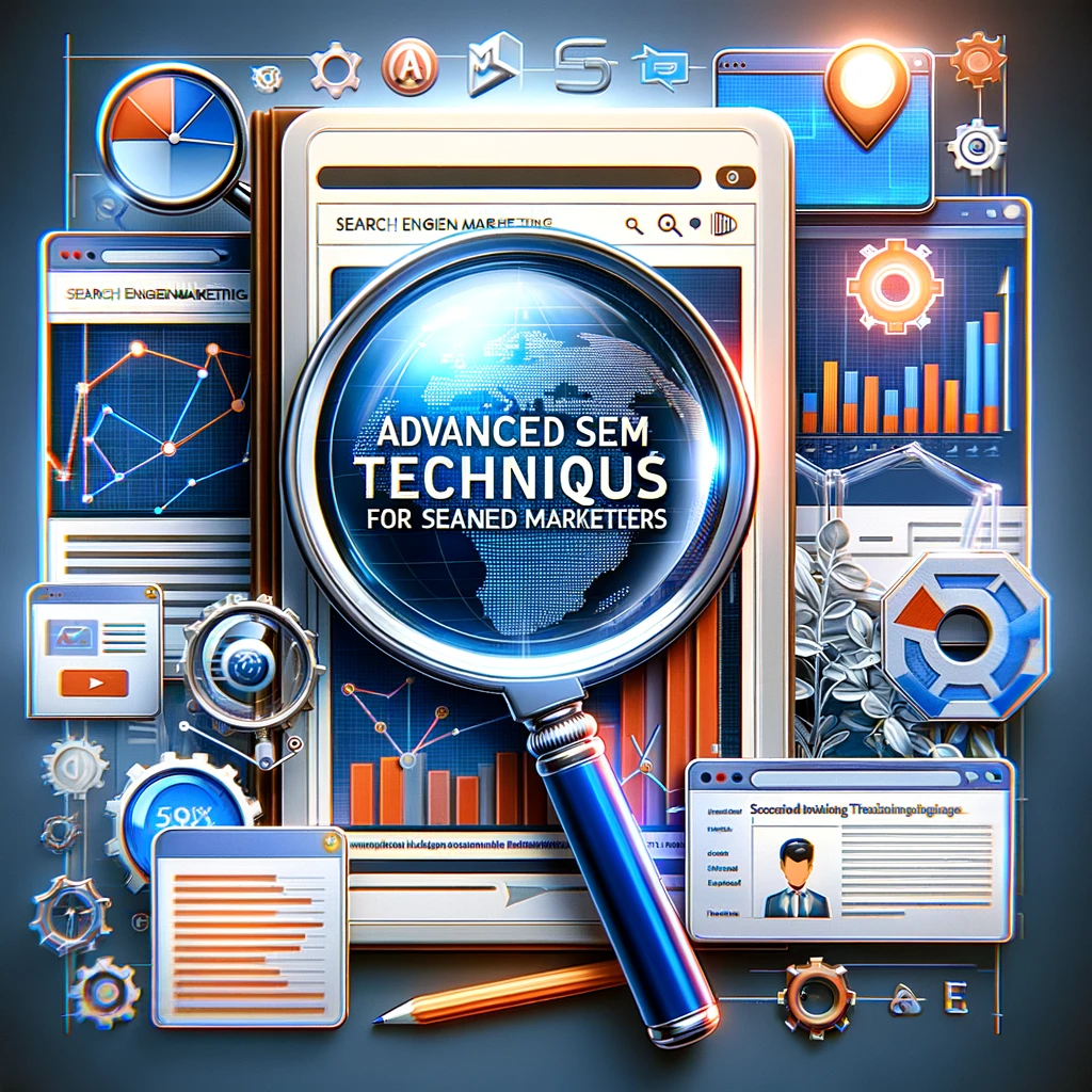 A visually engaging and professional digital marketing blog cover image. The image should depict elements of search engine marketing, such as a magnifying glass over keywords, digital graphs showing growth, and a computer screen displaying ad campaigns. The overall feel should be modern and tech-savvy, appealing to seasoned marketers. Include the title 'Advanced SEM Techniques for Seasoned Marketers' in a bold, readable font. The design should convey innovation, expertise, and the digital world of marketing.