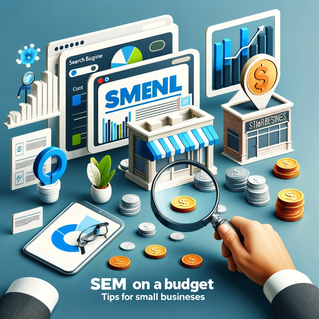 A creative and visually appealing representation of the concept 'SEM on a Budget: Tips for Small Businesses'. The image should feature elements symbolizing search engine marketing such as magnifying glasses, graphs, coins or small budgets, and representations of small businesses like storefronts or digital devices displaying small business websites. The overall aesthetic should be professional yet accessible, appealing to small business owners looking to understand and implement SEM strategies. Include a color palette of blue, green, and white to align with a professional digital marketing theme.