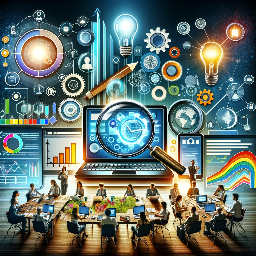 A digital collage representing the various aspects of building a search engine marketing (SEM) campaign. The image should feature a diverse array of elements, including a computer screen displaying a dashboard with analytics and graphs, a magnifying glass over keywords, a light bulb symbolizing creative ideas, people working together on a digital marketing project, a target with an arrow in the center symbolizing targeted advertising, and a growing graph indicating successful results. The overall aesthetic should be modern, vibrant, and professional, appealing to business owners and marketers looking to enhance their digital presence.