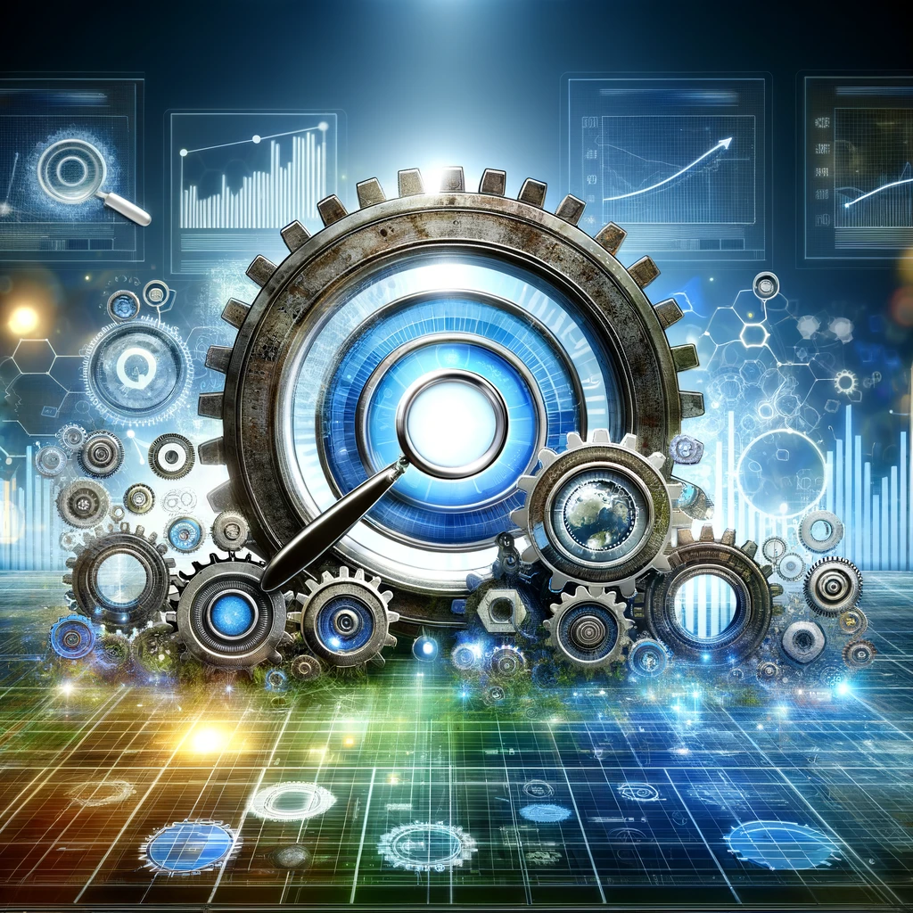 An image depicting the concept of automation in Search Engine Marketing (SEM). The image should show a modern, digital landscape, with elements like gears and cogs seamlessly integrated into a computer screen displaying graphs and analytics data. Include symbols representing search engines, such as magnifying glasses or search bars. The atmosphere should be futuristic and dynamic, conveying the idea of technology and automation transforming digital marketing. Use a color palette that is vibrant and tech-oriented, with blues, greens, and silvers, to evoke a sense of innovation and progress. The image should be engaging and visually appealing, capturing the essence of how automation is revolutionizing SEM.